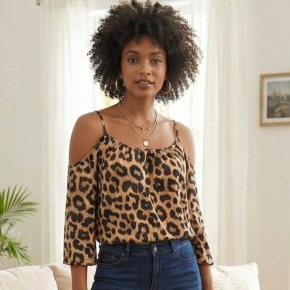 Passion of Essence Tops - Leopard Print Cold Shoulder Top | 3/4 Sleeve | Size 4X | Curvy Boho Blouse